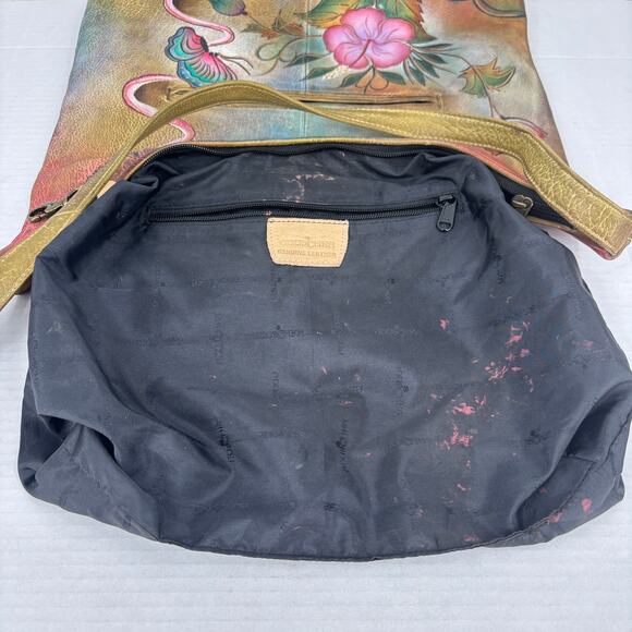 Anuschka Shoulder Bag Leather Hibiscus Flower Butterfly Hand Painted Handbag - Picture 9 of 14